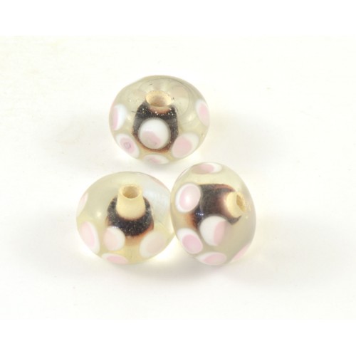 FLAT ROUND TRANSPARENT GLASS BEAD BLACK CENTER AND WHITE AND PINK DOTS*